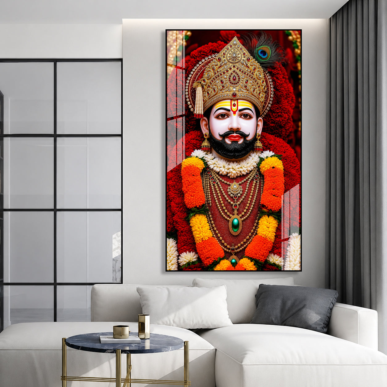 Premium Hindu God Khatu Shyam Baba Acrylic Wall Painting with Floral Background