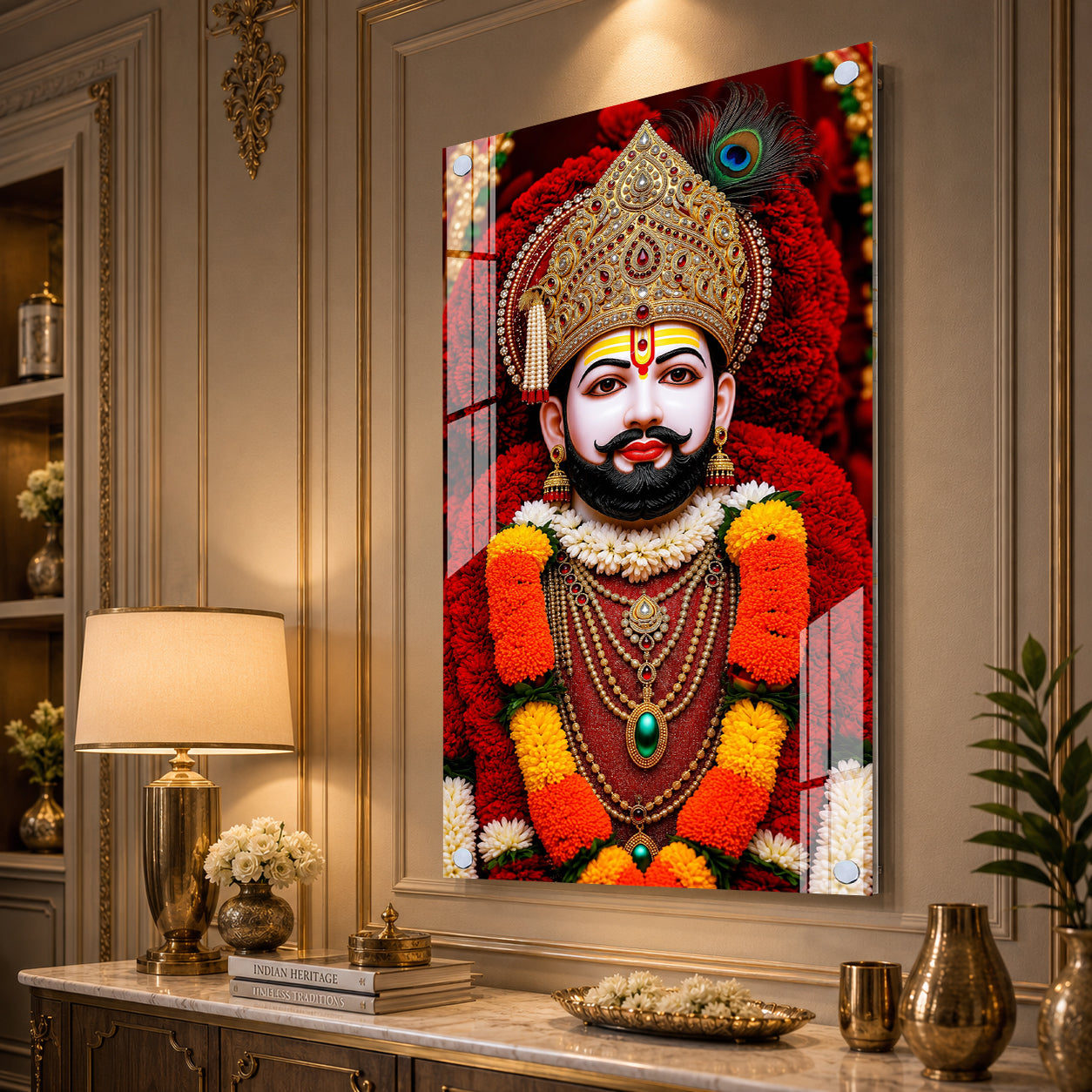 Premium Hindu God Khatu Shyam Baba Acrylic Wall Painting with Floral Background
