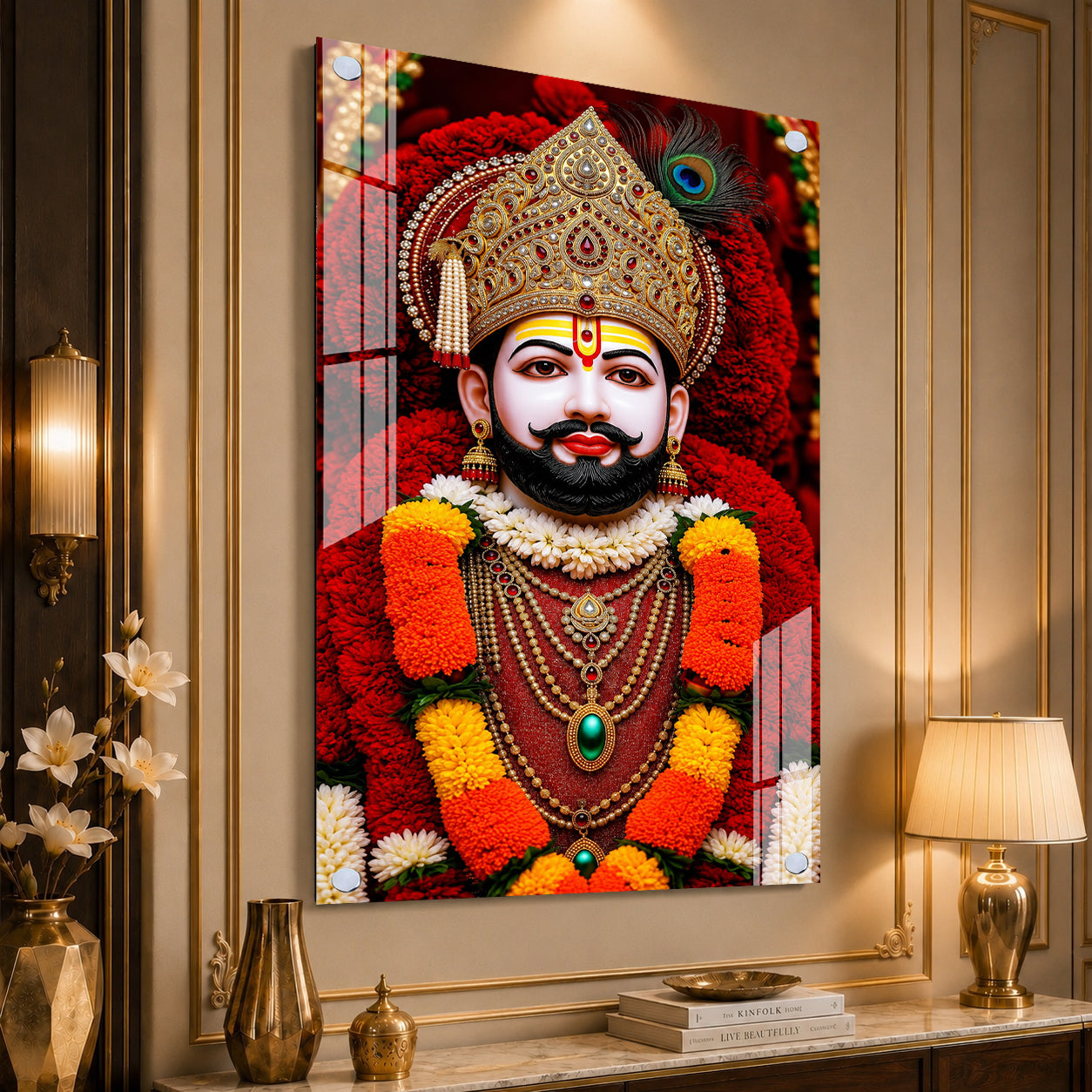 Premium Hindu God Khatu Shyam Baba Acrylic Wall Painting with Floral Background