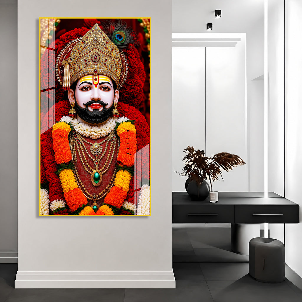 Premium Hindu God Khatu Shyam Baba Acrylic Wall Painting with Floral Background