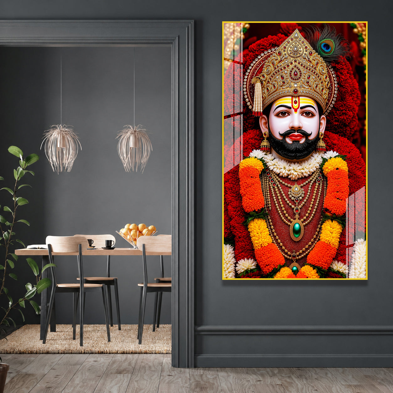 Premium Hindu God Khatu Shyam Baba Acrylic Wall Painting with Floral Background