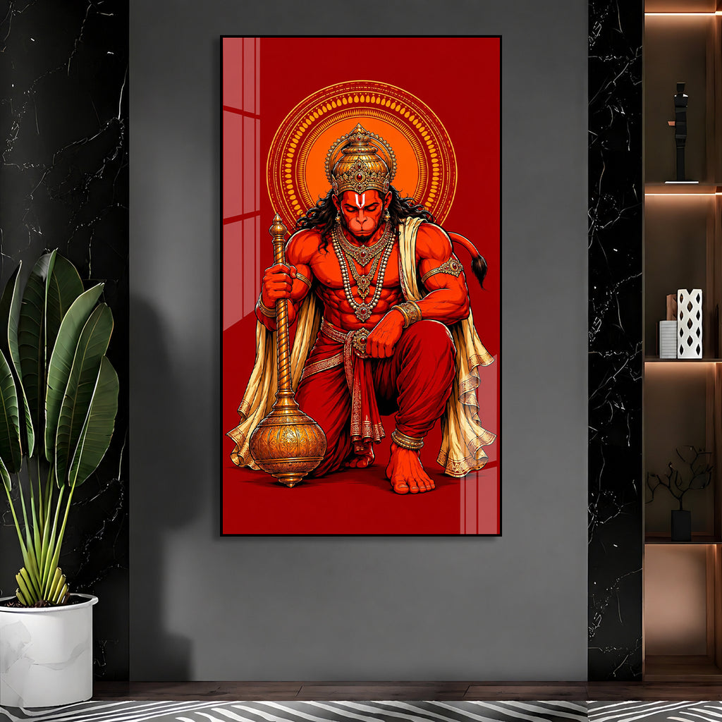 Powerful Lord Hanuman Acrylic Wall Painting for Home Temple, Living Room & Office Decor