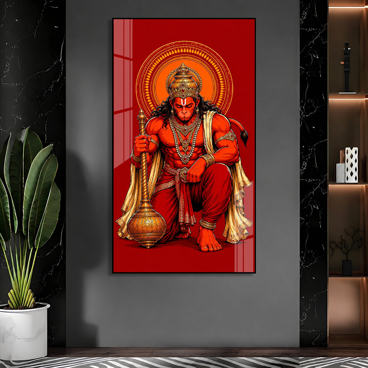 Powerful Lord Hanuman Acrylic Wall Painting for Home Temple, Living Room & Office Decor
