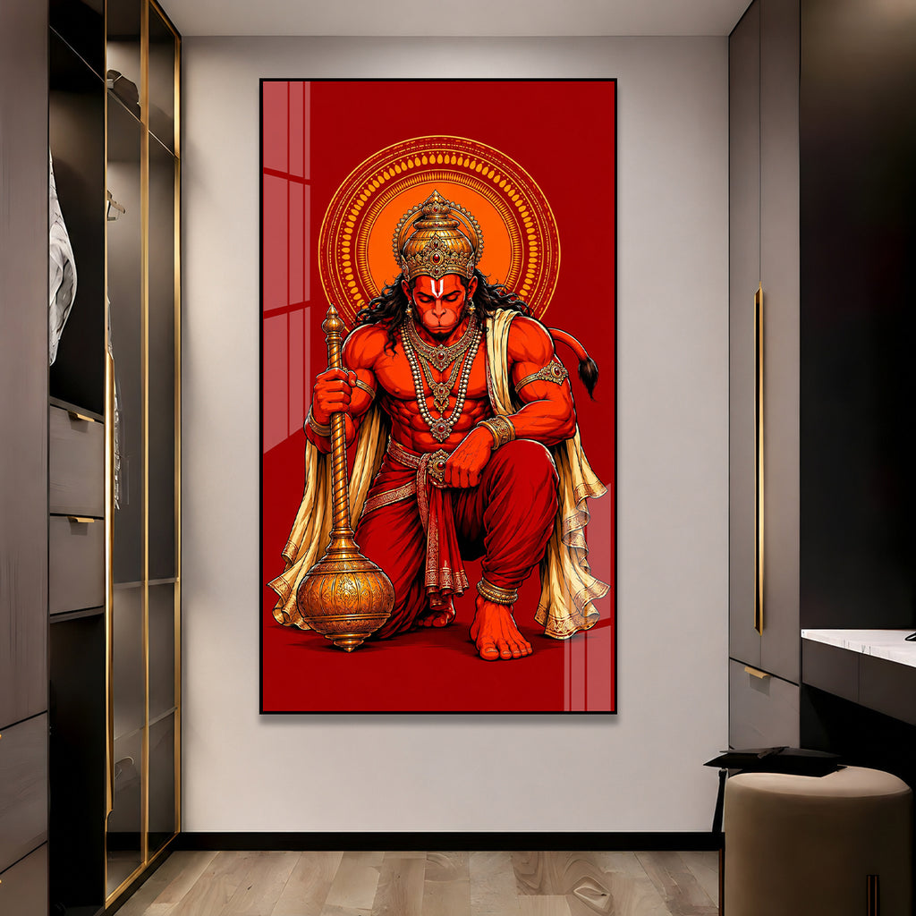 Powerful Lord Hanuman Acrylic Wall Painting for Home Temple, Living Room & Office Decor