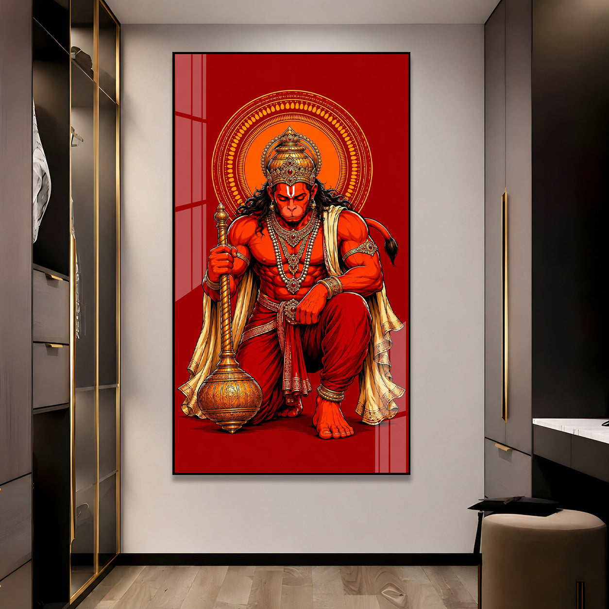 Powerful Lord Hanuman Acrylic Wall Painting for Home Temple, Living Room & Office Decor