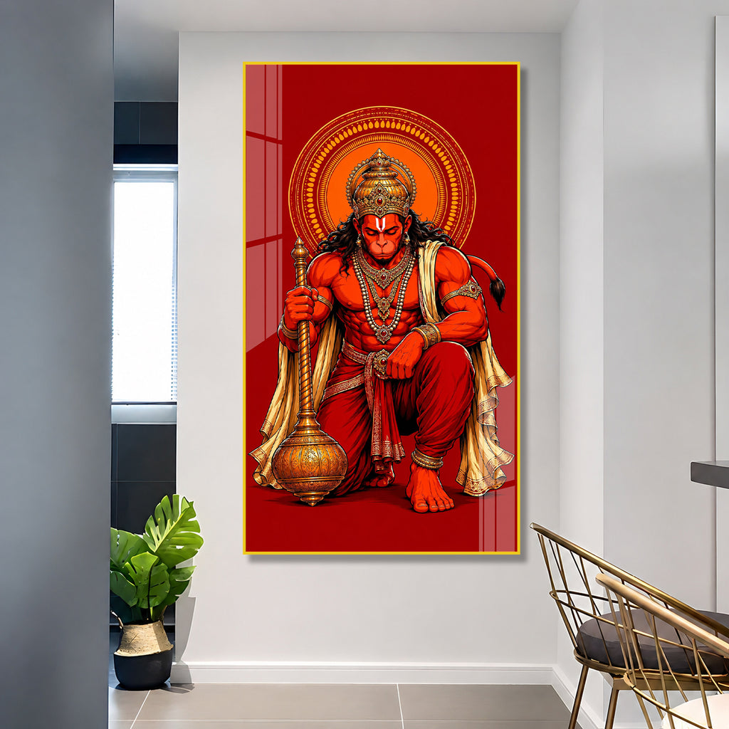 Powerful Lord Hanuman Acrylic Wall Painting for Home Temple, Living Room & Office Decor