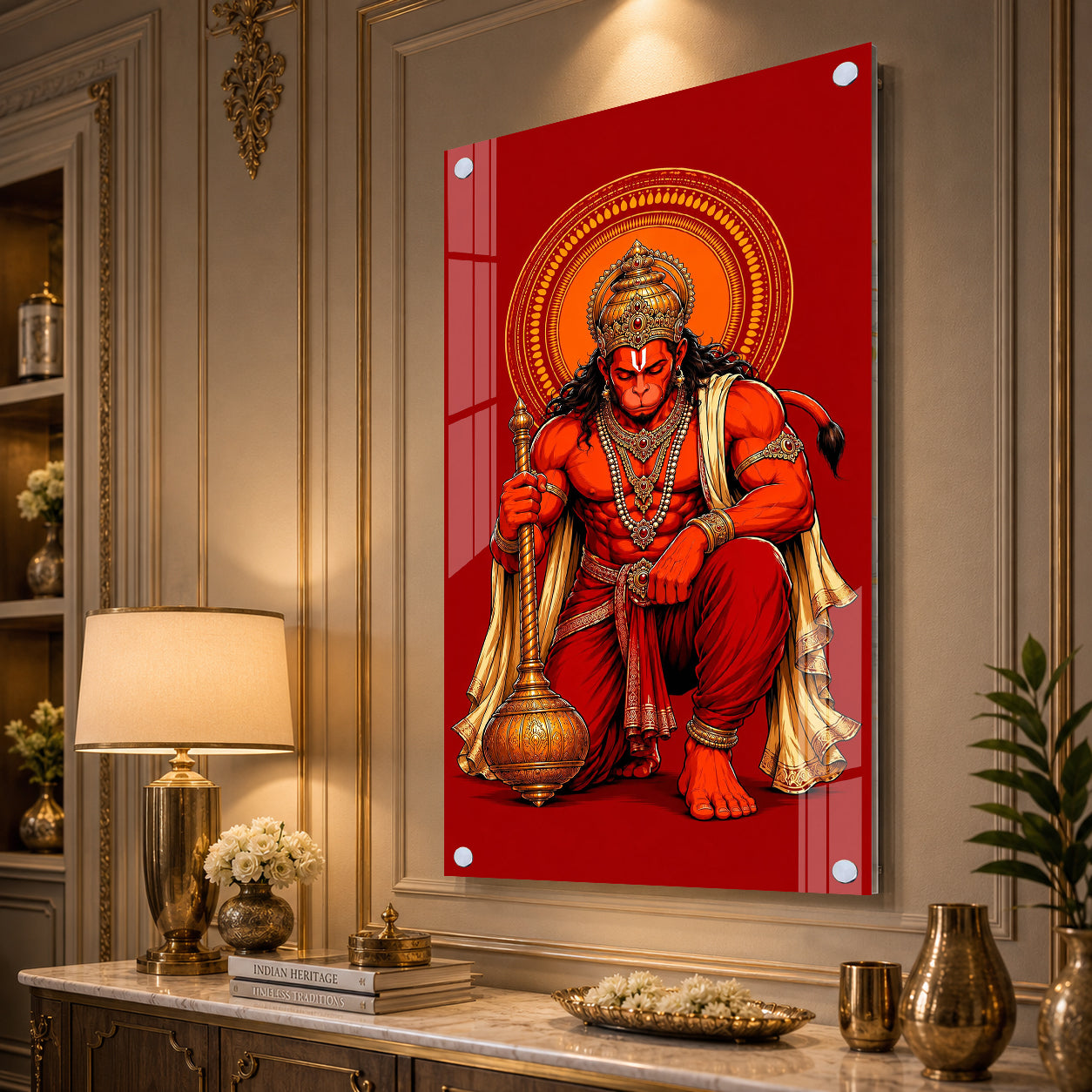 Powerful Lord Hanuman Acrylic Wall Painting for Home Temple, Living Room & Office Decor