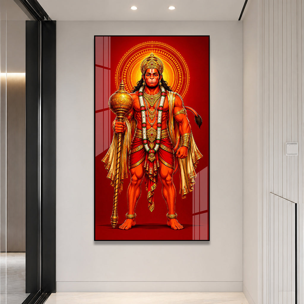 Standing Bajrangbali Hanuman Acrylic Painting | Premium Hindu Spiritual Wall Art for Living Room & Pooja Room