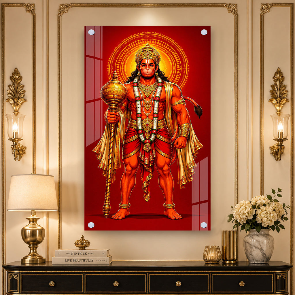 Standing Bajrangbali Hanuman Acrylic Painting | Premium Hindu Spiritual Wall Art for Living Room & Pooja Room