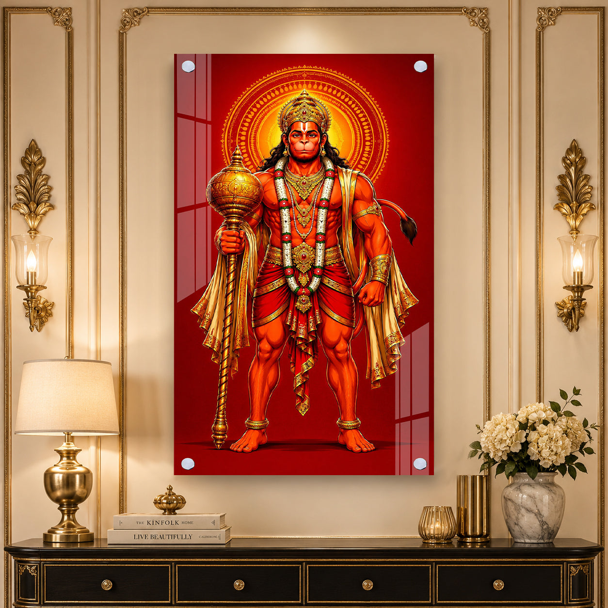 Standing Bajrangbali Hanuman Acrylic Painting | Premium Hindu Spiritual Wall Art for Living Room & Pooja Room