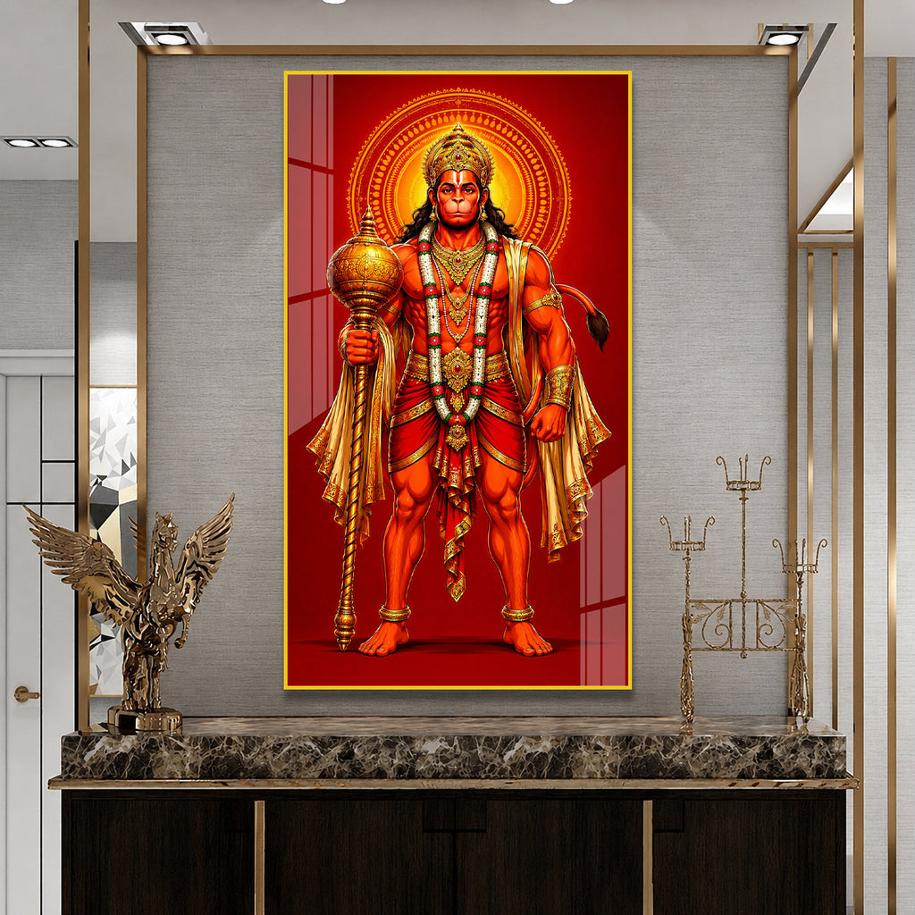 Standing Bajrangbali Hanuman Acrylic Painting | Premium Hindu Spiritual Wall Art for Living Room & Pooja Room
