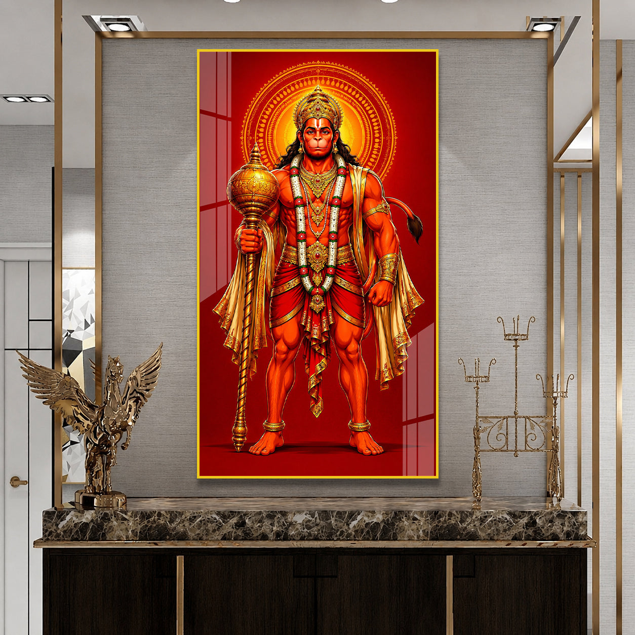 Standing Bajrangbali Hanuman Acrylic Painting | Premium Hindu Spiritual Wall Art for Living Room & Pooja Room