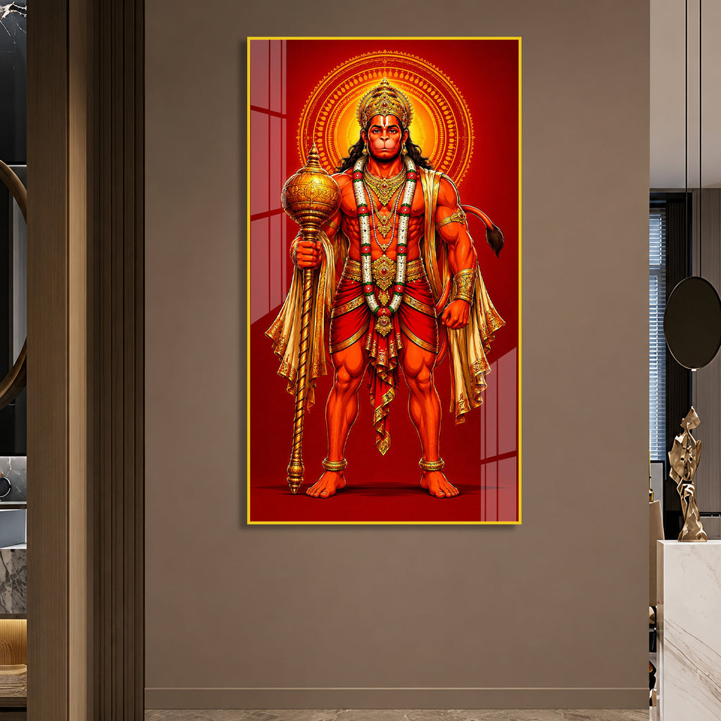 Standing Bajrangbali Hanuman Acrylic Painting | Premium Hindu Spiritual Wall Art for Living Room & Pooja Room