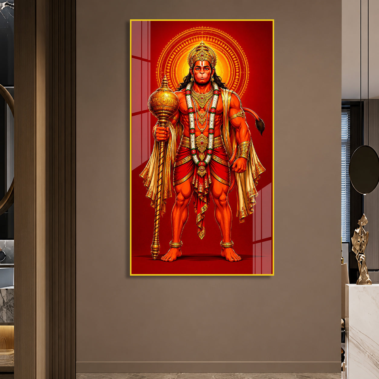 Standing Bajrangbali Hanuman Acrylic Painting | Premium Hindu Spiritual Wall Art for Living Room & Pooja Room