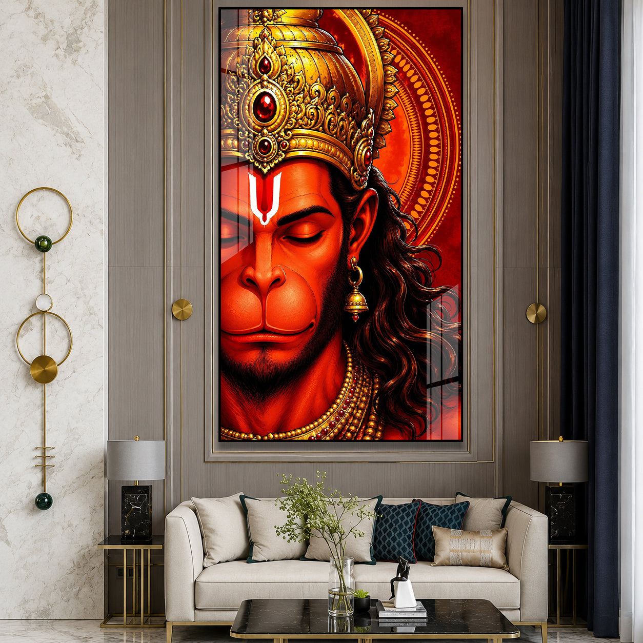Luxury Bajrangbali Hanuman Acrylic Wall Painting with Ornate Crown for Spiritual Home Decor Gift