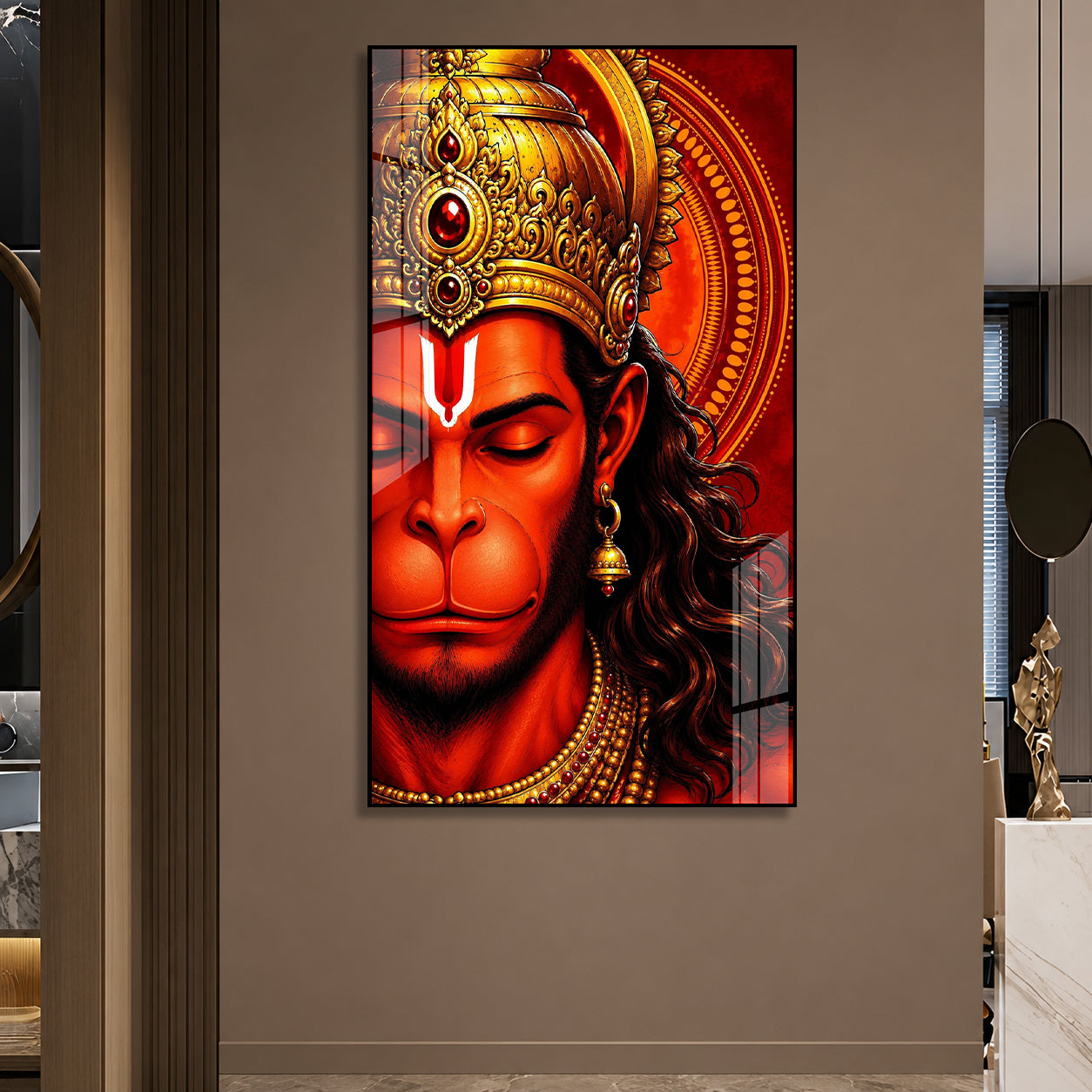 Luxury Bajrangbali Hanuman Acrylic Wall Painting with Ornate Crown for Spiritual Home Decor Gift