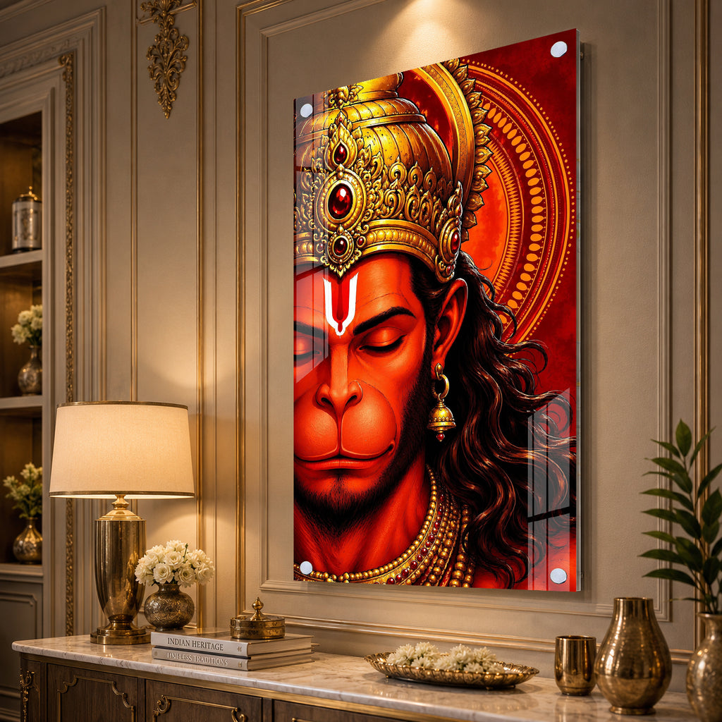 Luxury Bajrangbali Hanuman Acrylic Wall Painting with Ornate Crown for Spiritual Home Decor Gift