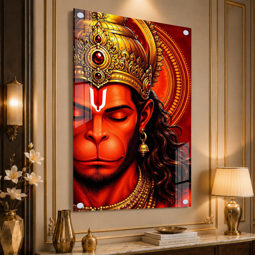 Luxury Bajrangbali Hanuman Acrylic Wall Painting with Ornate Crown for Spiritual Home Decor Gift