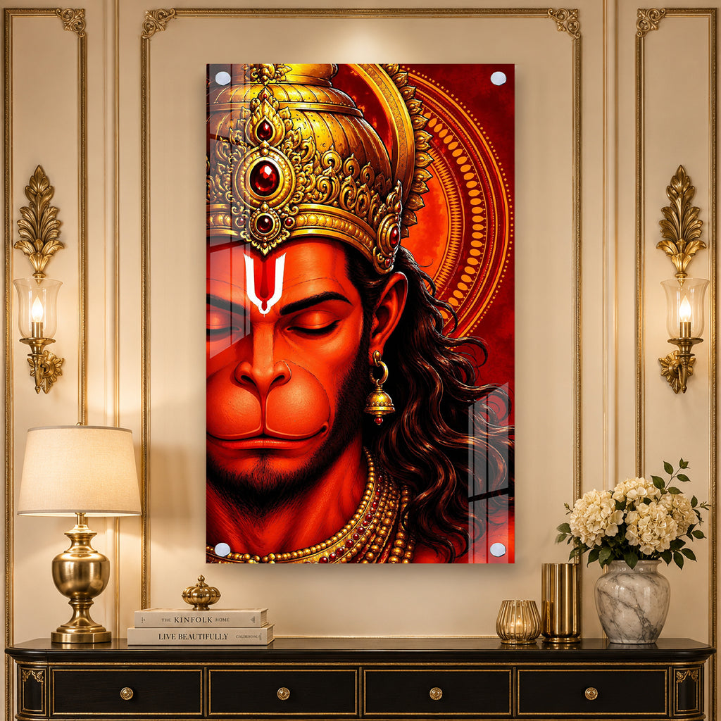 Luxury Bajrangbali Hanuman Acrylic Wall Painting with Ornate Crown for Spiritual Home Decor Gift