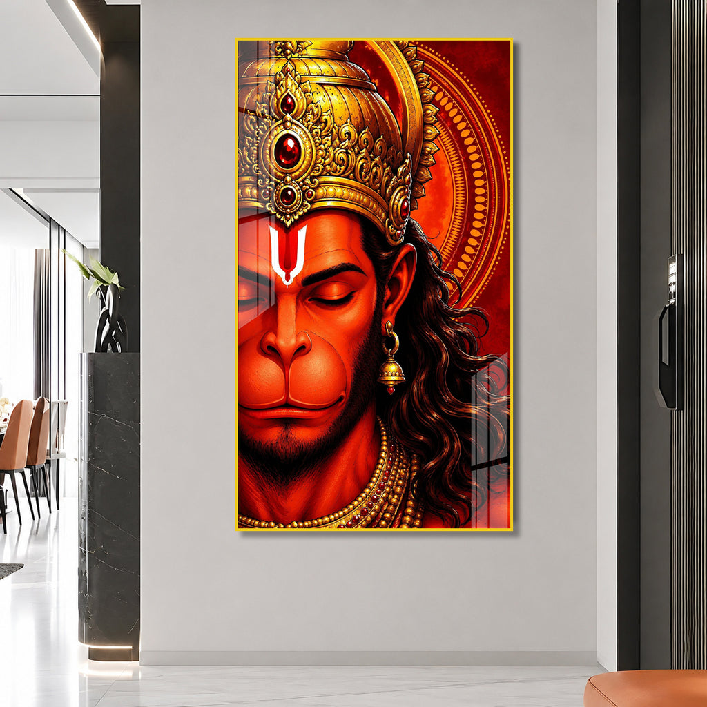 Luxury Bajrangbali Hanuman Acrylic Wall Painting with Ornate Crown for Spiritual Home Decor Gift