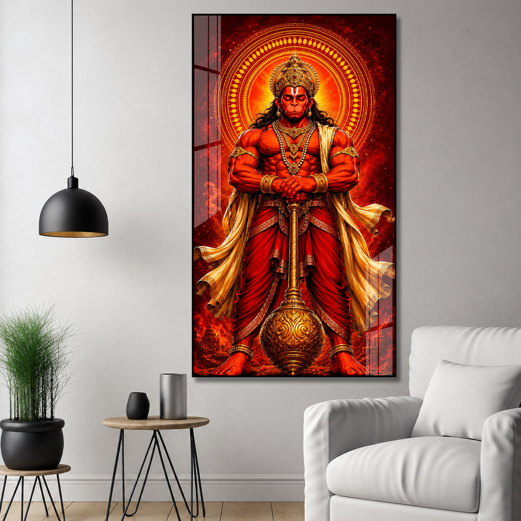 Majestic Lord Hanuman Devotional Acrylic Wall Art with Divine Halo and Golden Gada for Home