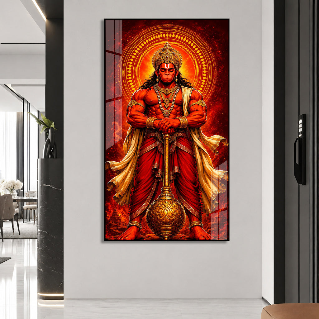 Majestic Lord Hanuman Devotional Acrylic Wall Art with Divine Halo and Golden Gada for Home
