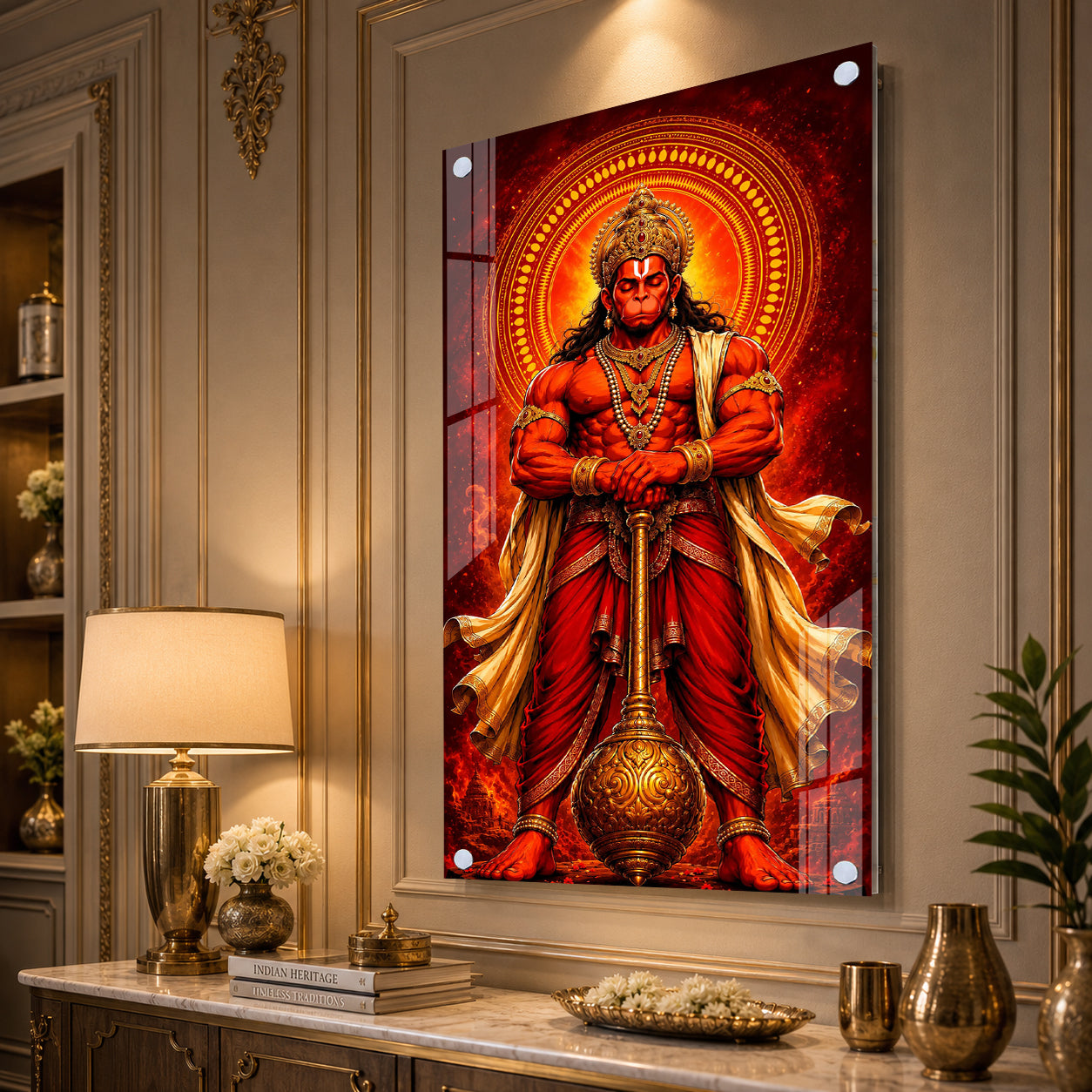 Majestic Lord Hanuman Devotional Acrylic Wall Art with Divine Halo and Golden Gada for Home