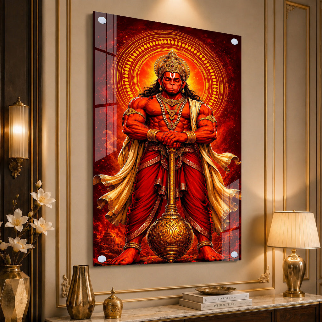 Majestic Lord Hanuman Devotional Acrylic Wall Art with Divine Halo and Golden Gada for Home