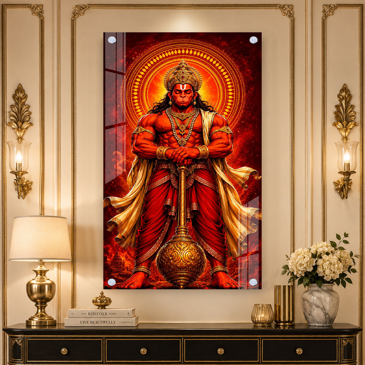 Majestic Lord Hanuman Devotional Acrylic Wall Art with Divine Halo and Golden Gada for Home