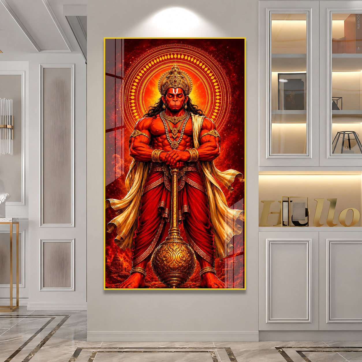 Majestic Lord Hanuman Devotional Acrylic Wall Art with Divine Halo and Golden Gada for Home