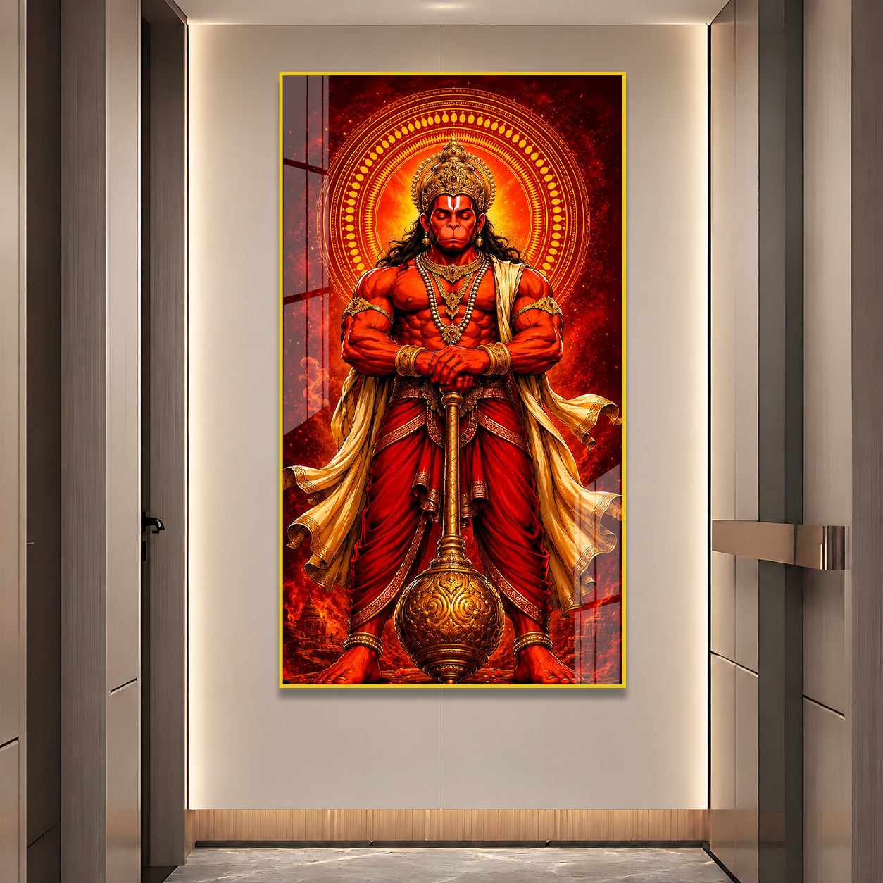 Majestic Lord Hanuman Devotional Acrylic Wall Art with Divine Halo and Golden Gada for Home