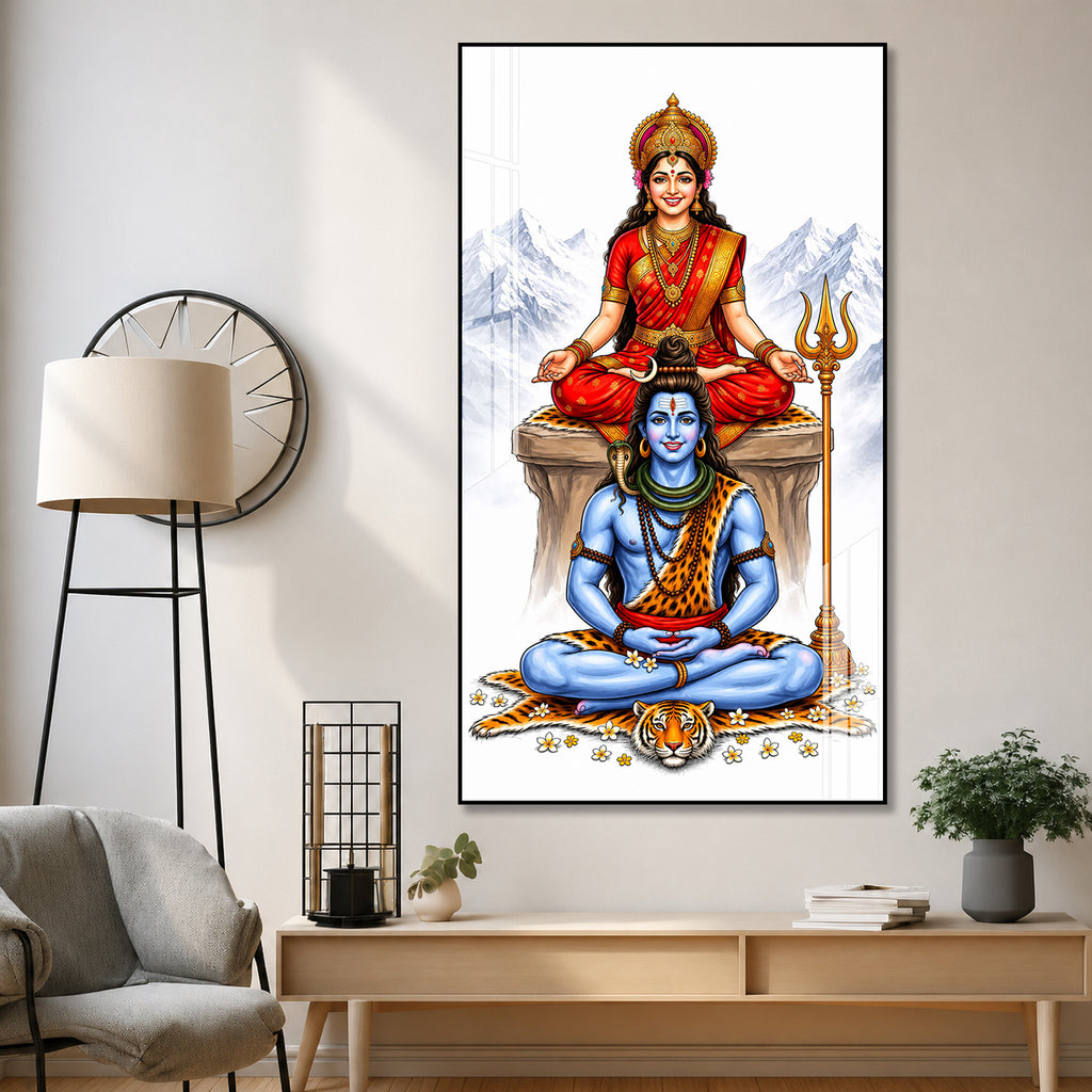 Elegant Mahadev and Mata Parvati Acrylic Wall Painting with Trishul for Home Temple Decoration