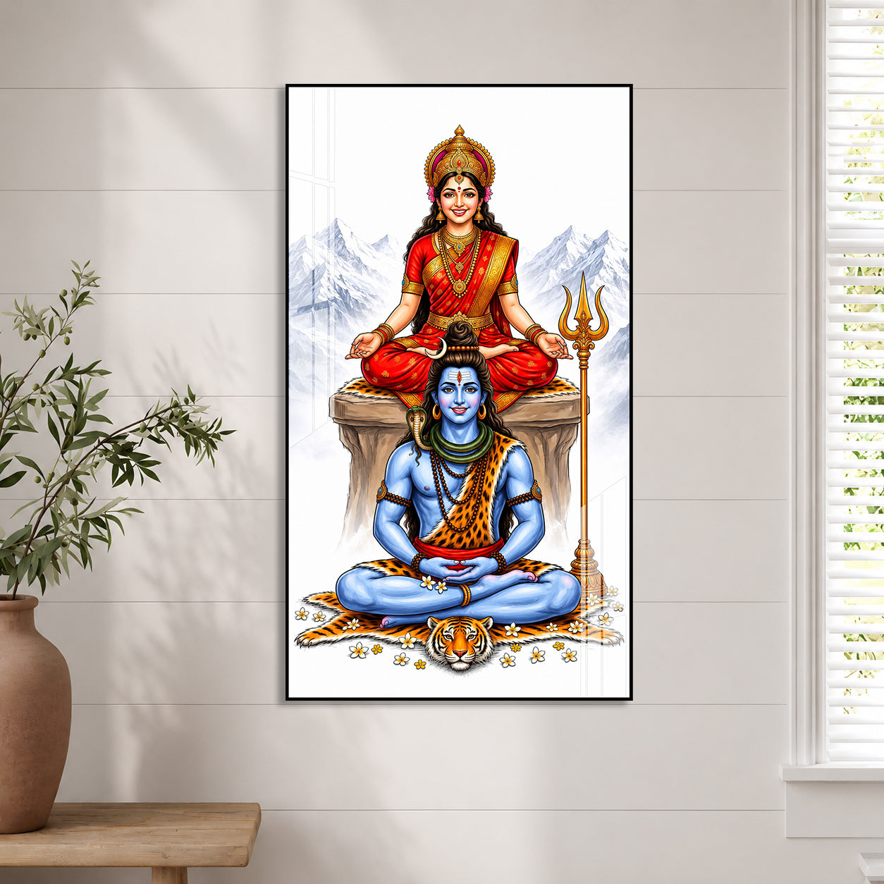 Elegant Mahadev and Mata Parvati Acrylic Wall Painting with Trishul for Home Temple Decoration