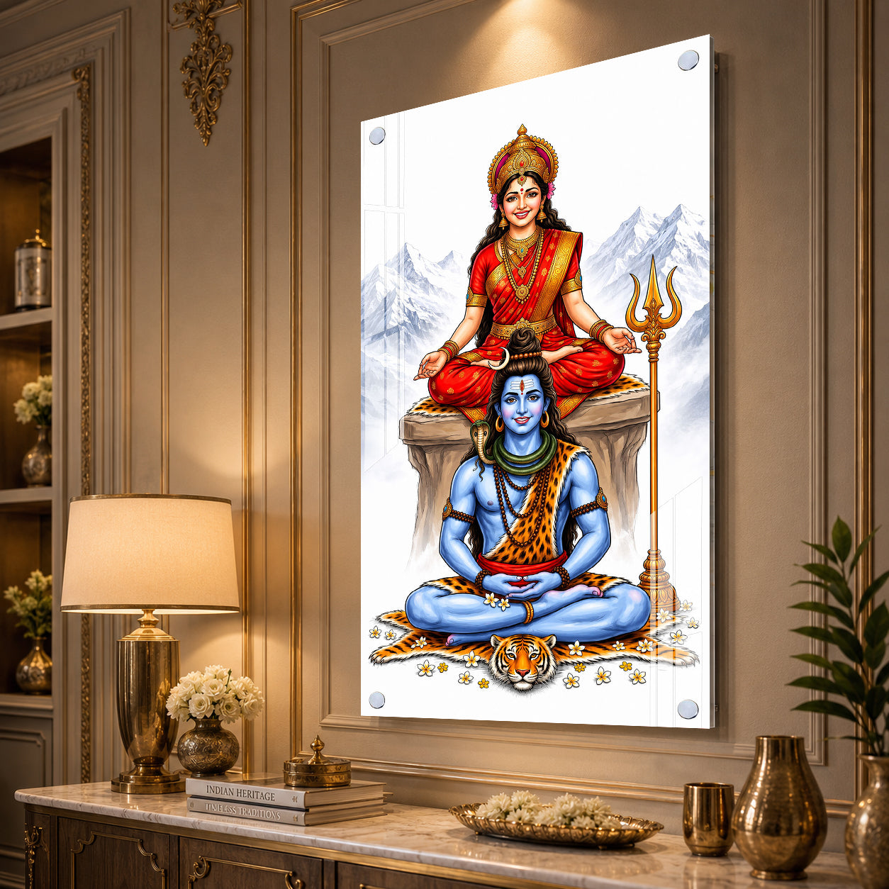 Elegant Mahadev and Mata Parvati Acrylic Wall Painting with Trishul for Home Temple Decoration