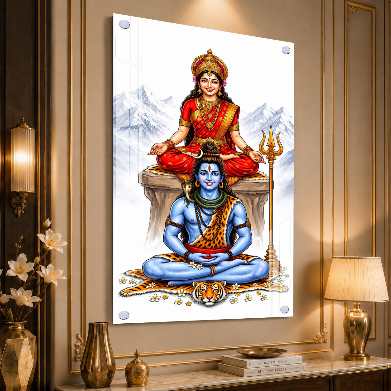 Elegant Mahadev and Mata Parvati Acrylic Wall Painting with Trishul for Home Temple Decoration