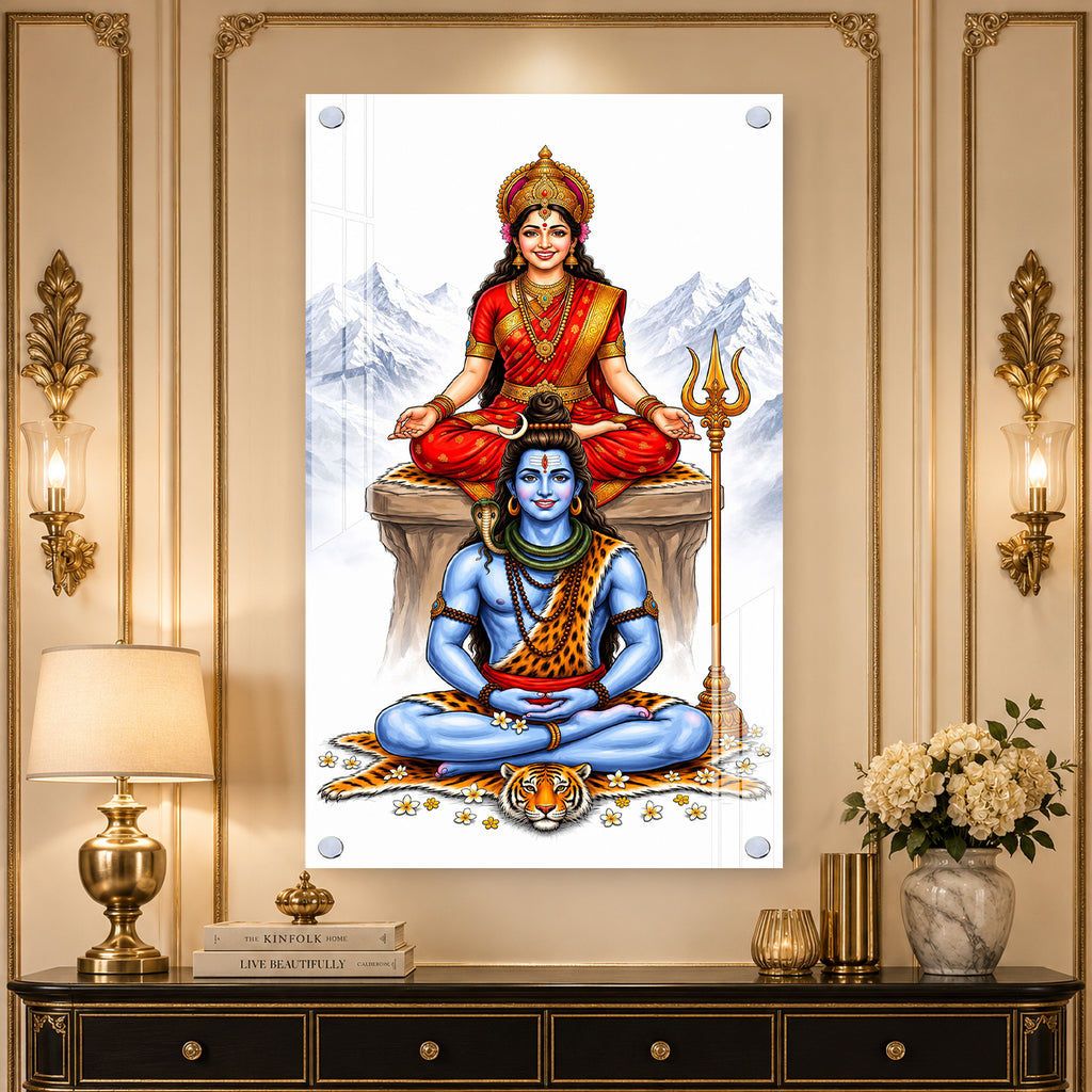 Elegant Mahadev and Mata Parvati Acrylic Wall Painting with Trishul for Home Temple Decoration