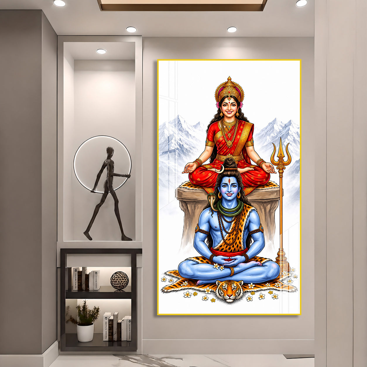 Elegant Mahadev and Mata Parvati Acrylic Wall Painting with Trishul for Home Temple Decoration