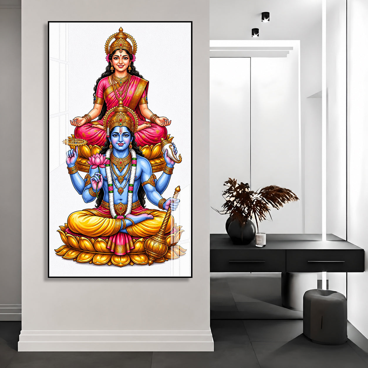 Elegant Lakshmi Narayan Acrylic Wall Painting with Lotus Throne for Spiritual Home Decoration