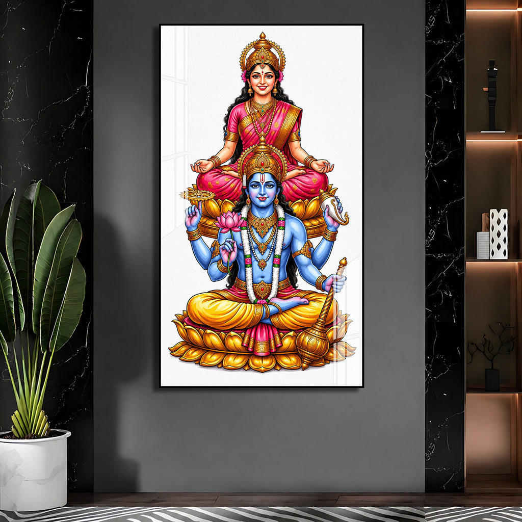 Elegant Lakshmi Narayan Acrylic Wall Painting with Lotus Throne for Spiritual Home Decoration