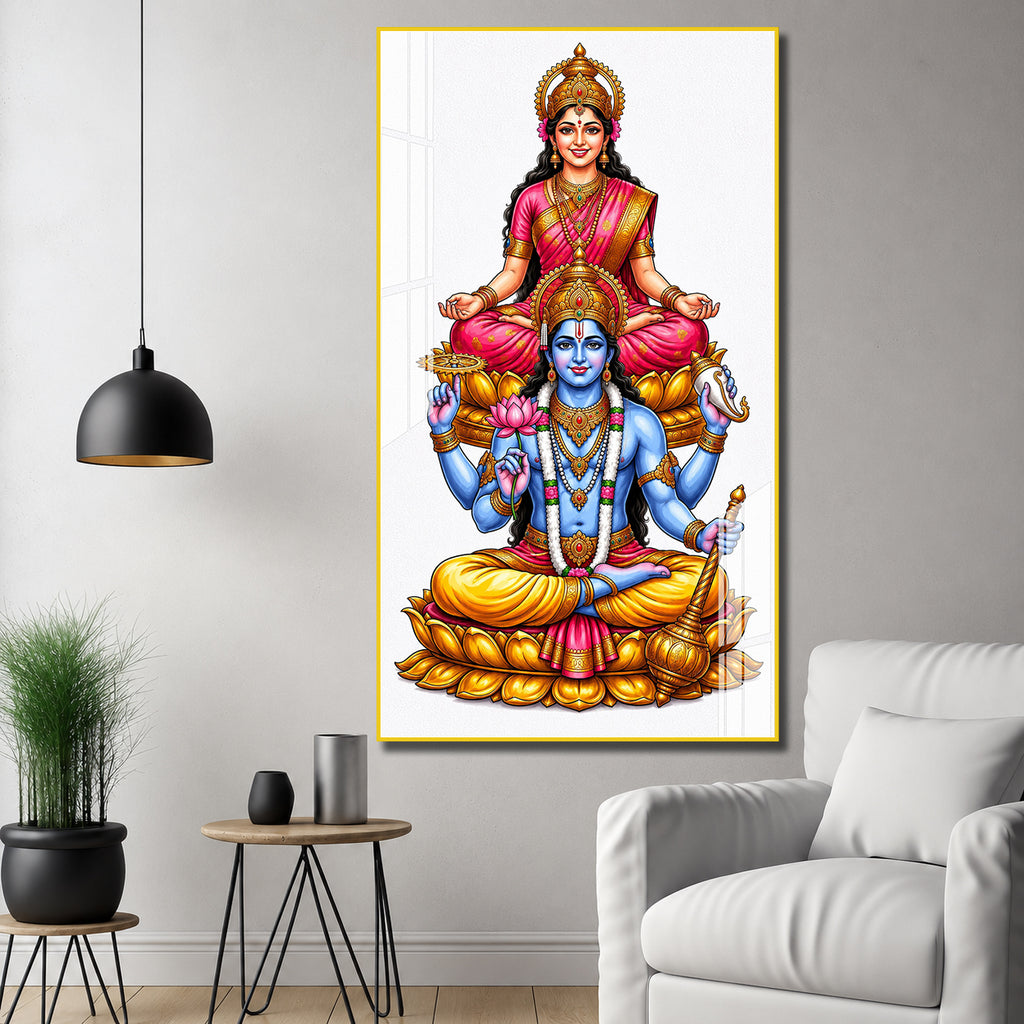 Elegant Lakshmi Narayan Acrylic Wall Painting with Lotus Throne for Spiritual Home Decoration