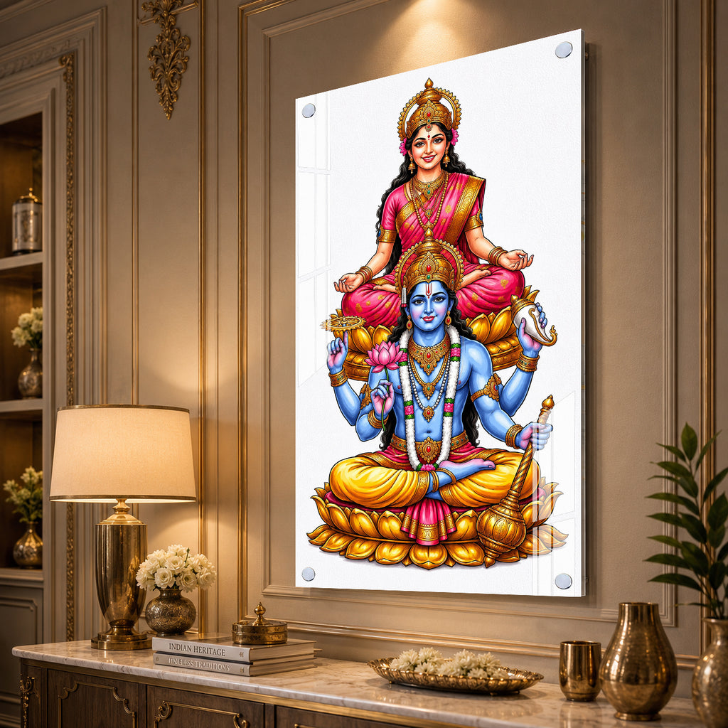 Elegant Lakshmi Narayan Acrylic Wall Painting with Lotus Throne for Spiritual Home Decoration