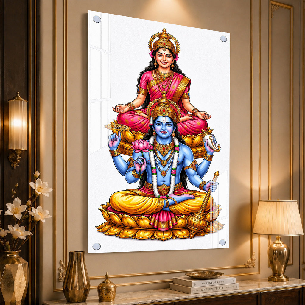 Elegant Lakshmi Narayan Acrylic Wall Painting with Lotus Throne for Spiritual Home Decoration