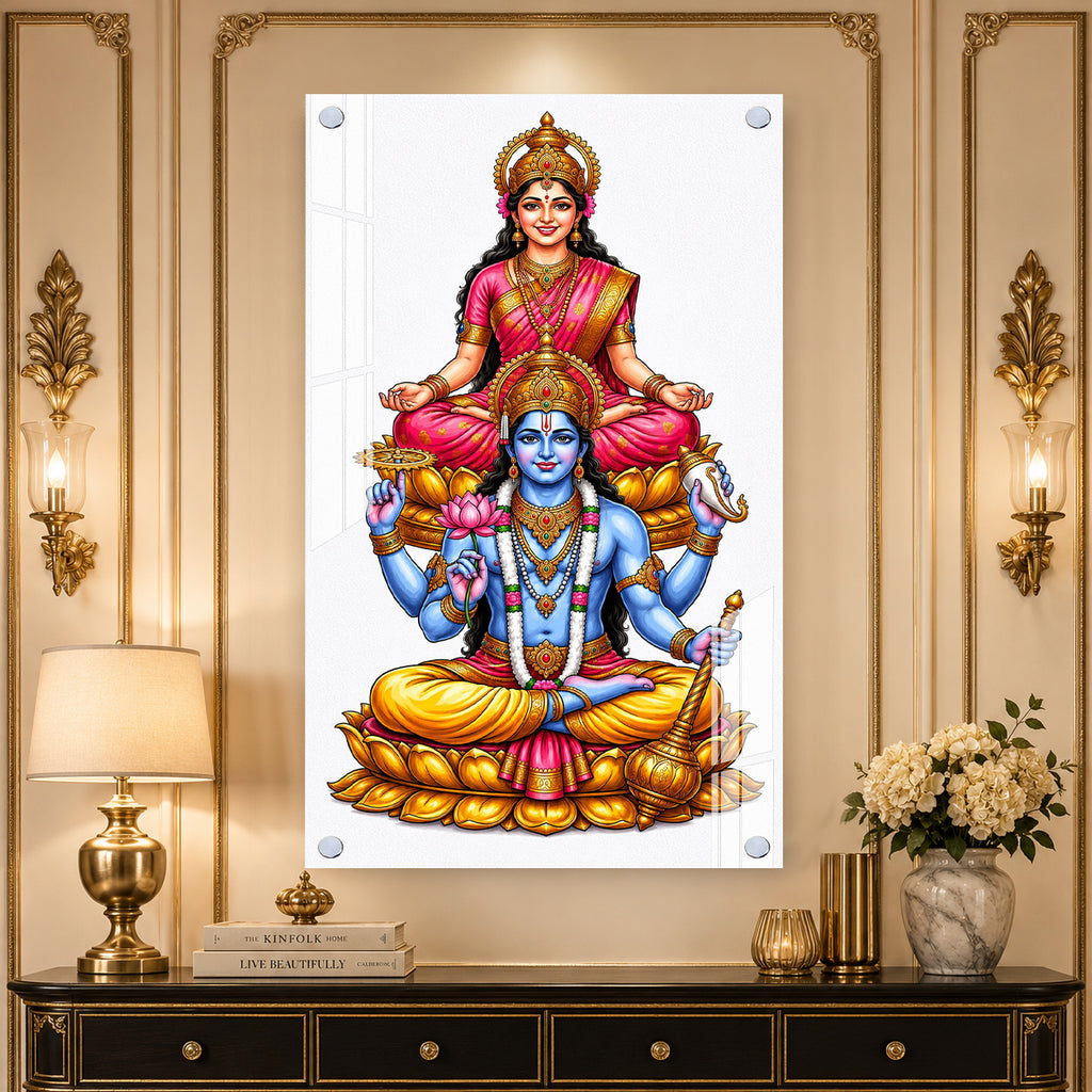 Elegant Lakshmi Narayan Acrylic Wall Painting with Lotus Throne for Spiritual Home Decoration