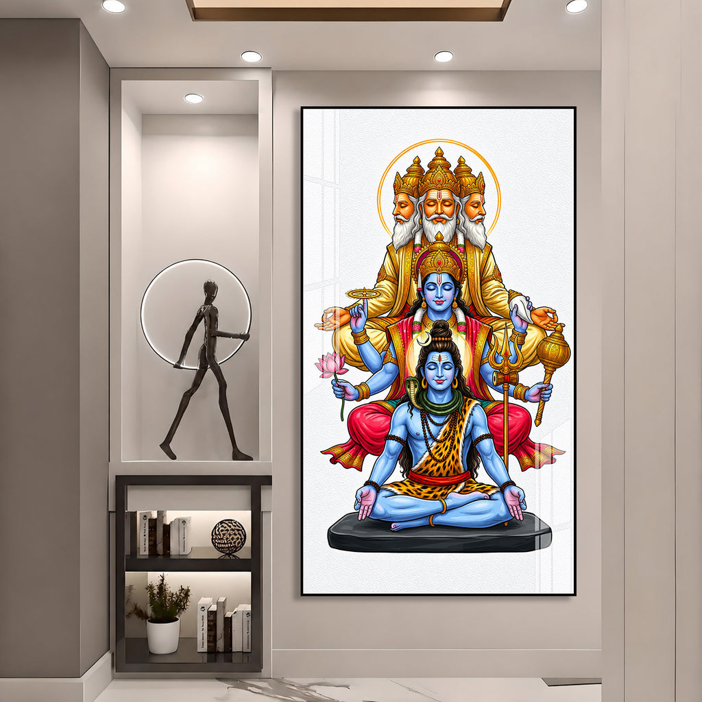 Sacred Hindu Trimurti Acrylic Wall Art Featuring Brahma Vishnu Shiva for Home and Mandir Decor