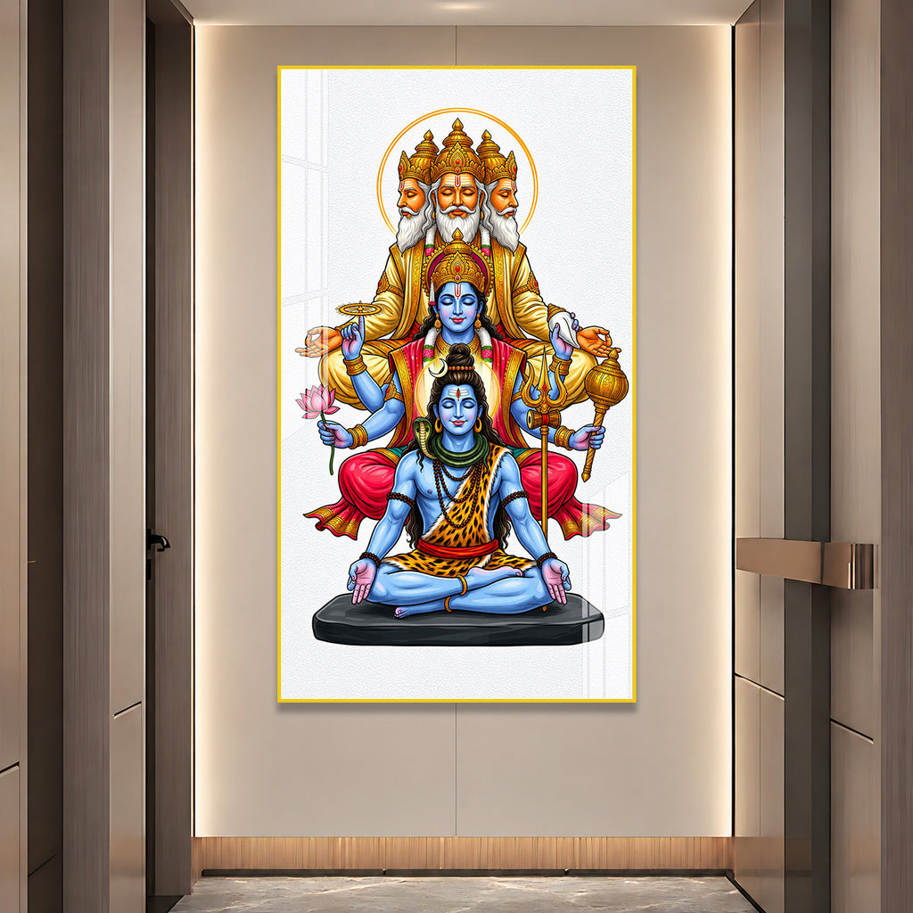 Sacred Hindu Trimurti Acrylic Wall Art Featuring Brahma Vishnu Shiva for Home and Mandir Decor