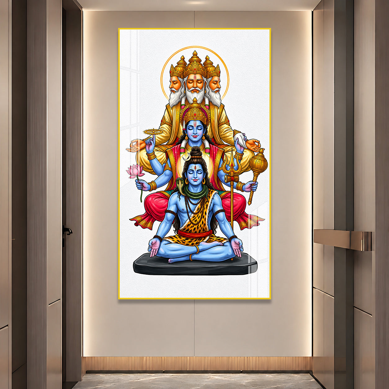 Sacred Hindu Trimurti Acrylic Wall Art Featuring Brahma Vishnu Shiva for Home and Mandir Decor