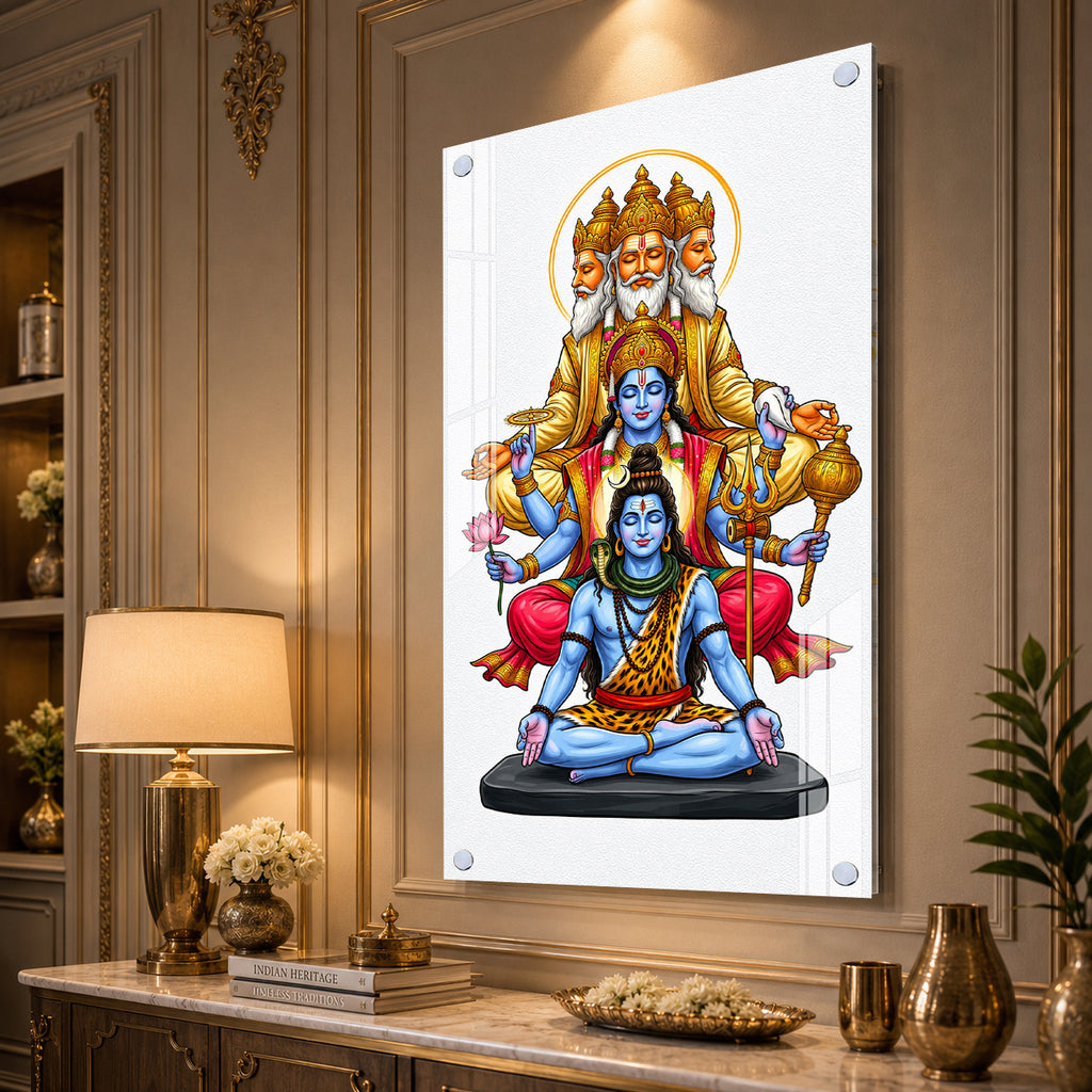 Sacred Hindu Trimurti Acrylic Wall Art Featuring Brahma Vishnu Shiva for Home and Mandir Decor