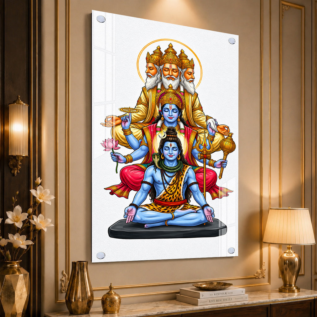 Sacred Hindu Trimurti Acrylic Wall Art Featuring Brahma Vishnu Shiva for Home and Mandir Decor