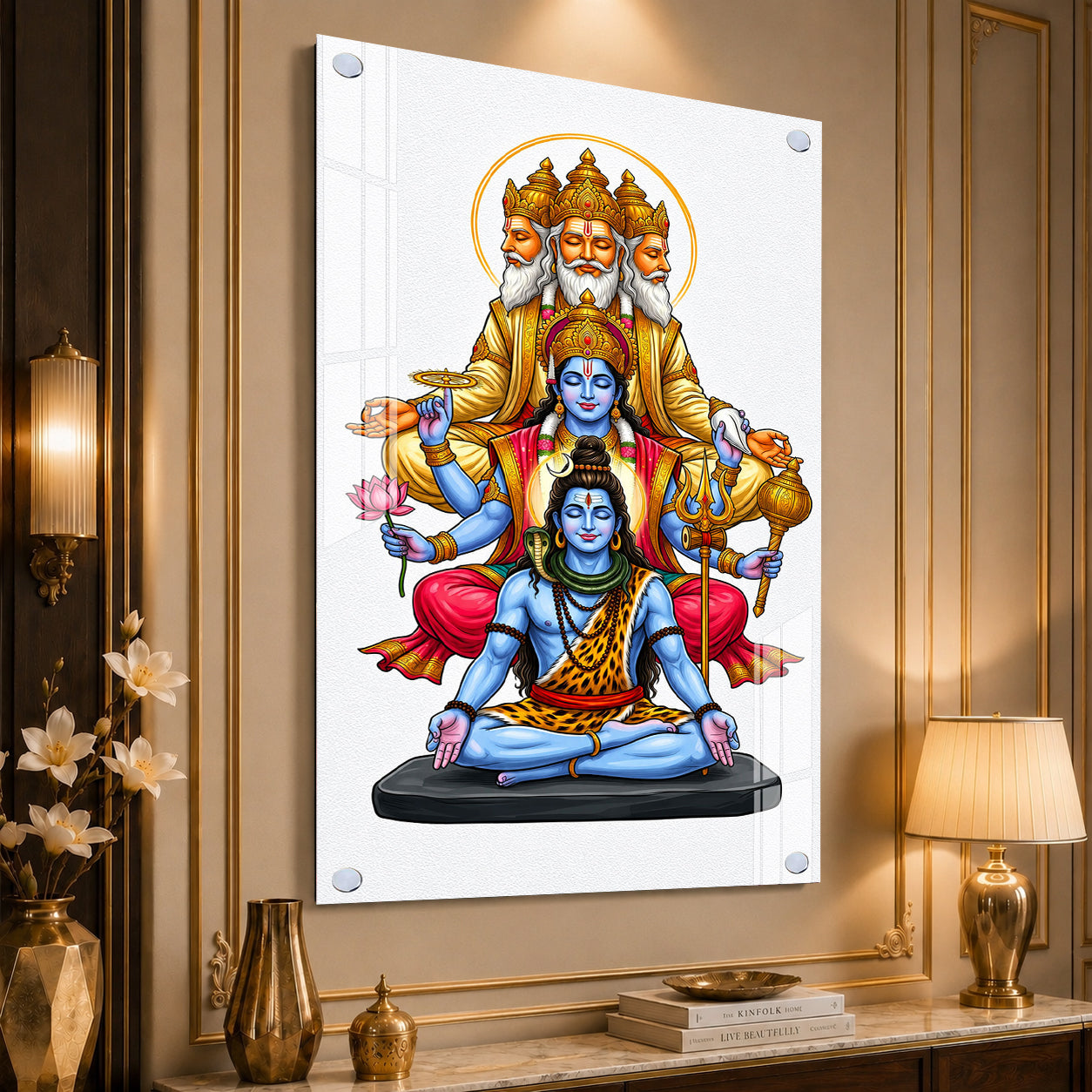 Sacred Hindu Trimurti Acrylic Wall Art Featuring Brahma Vishnu Shiva for Home and Mandir Decor