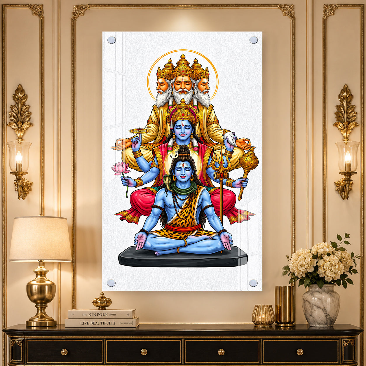 Sacred Hindu Trimurti Acrylic Wall Art Featuring Brahma Vishnu Shiva for Home and Mandir Decor